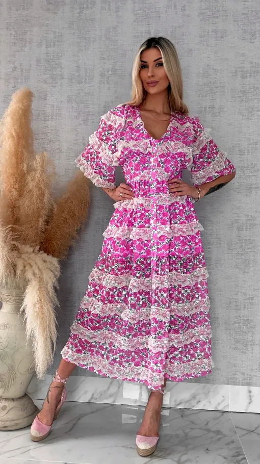 Cudowna MAXI sukienka w różowe kwiaty cała z koronki - R695