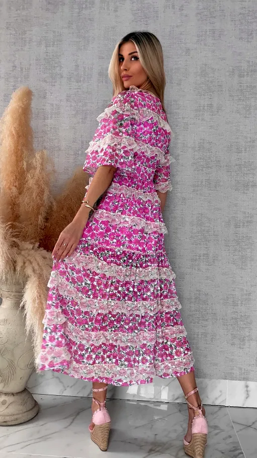 Cudowna MAXI sukienka w różowe kwiaty cała z koronki - R695