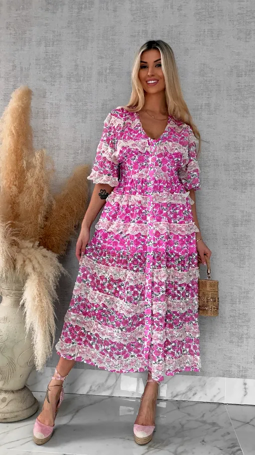 Cudowna MAXI sukienka w różowe kwiaty cała z koronki - R695