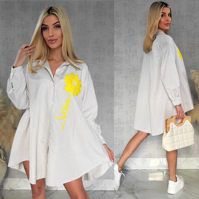 Beżowa koszula OVERSIZE w paski z żółtym kwiatem ONE SIZE - R900A