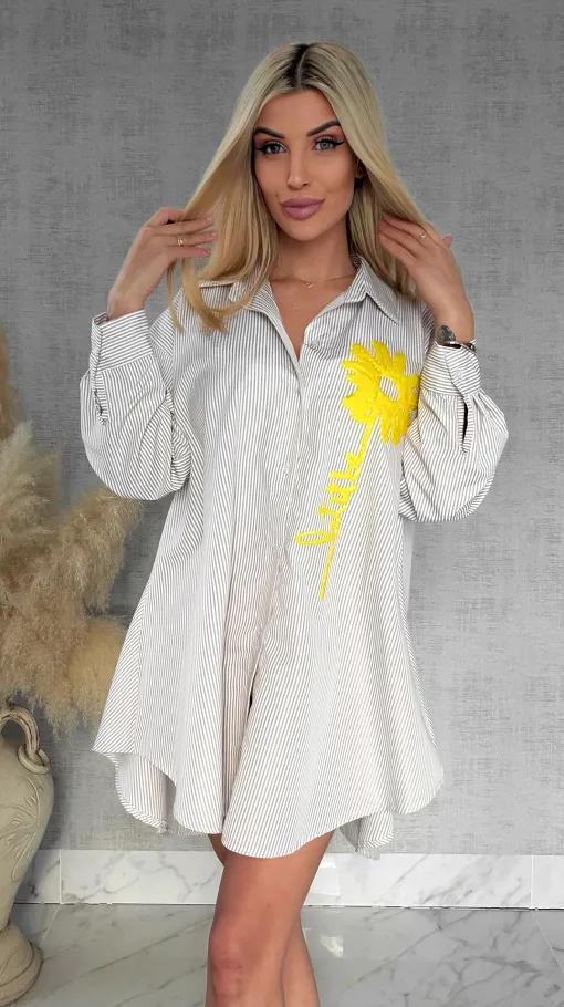 Beżowa koszula OVERSIZE w paski z żółtym kwiatem ONE SIZE - R900A