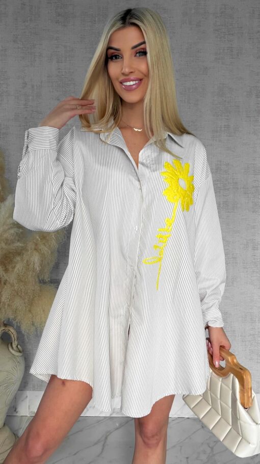 Beżowa koszula OVERSIZE w paski z żółtym kwiatem ONE SIZE - R900A