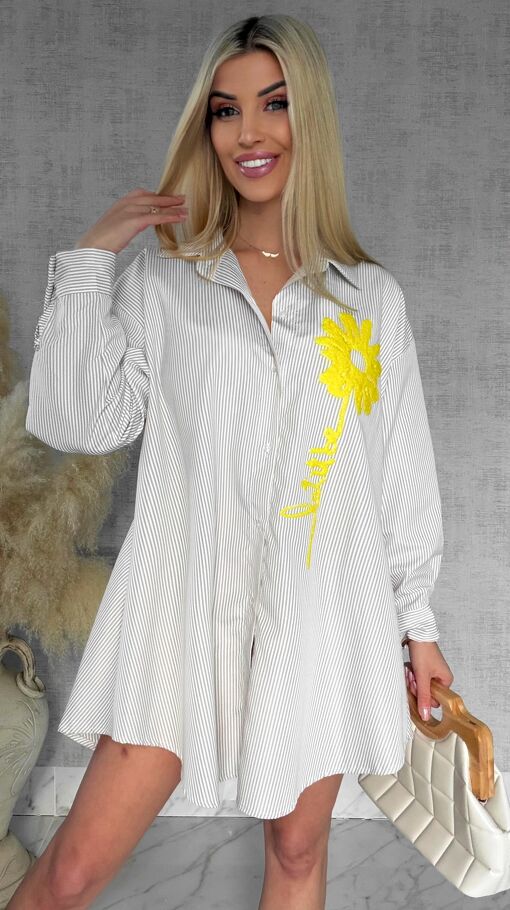 Beżowa koszula OVERSIZE w paski z żółtym kwiatem ONE SIZE - R900A