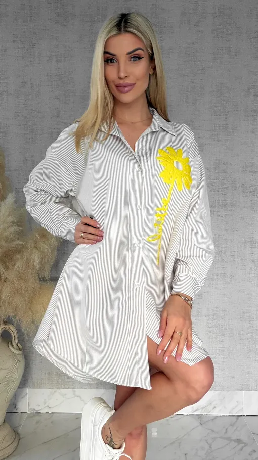 Beżowa koszula OVERSIZE w paski z żółtym kwiatem ONE SIZE - R900A
