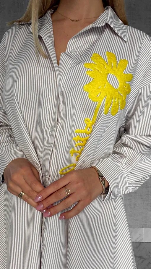 Beżowa koszula OVERSIZE w paski z żółtym kwiatem ONE SIZE - R900A