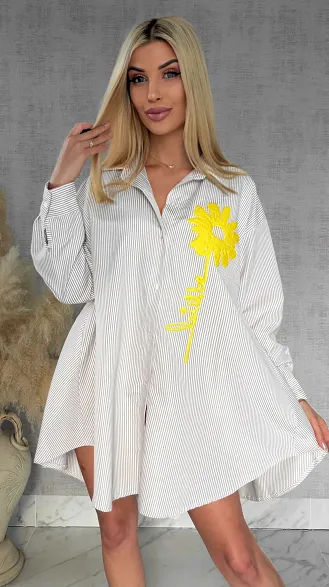 Beżowa koszula OVERSIZE w paski z żółtym kwiatem ONE SIZE - R900A