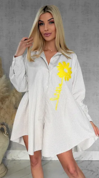 Beżowa koszula OVERSIZE w paski z żółtym kwiatem ONE SIZE - R900A