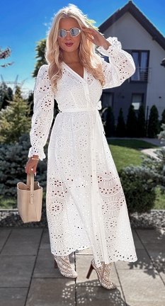 Biała BOHO bawełniana MAXI sukienka zapinana na mini guziczki - N454