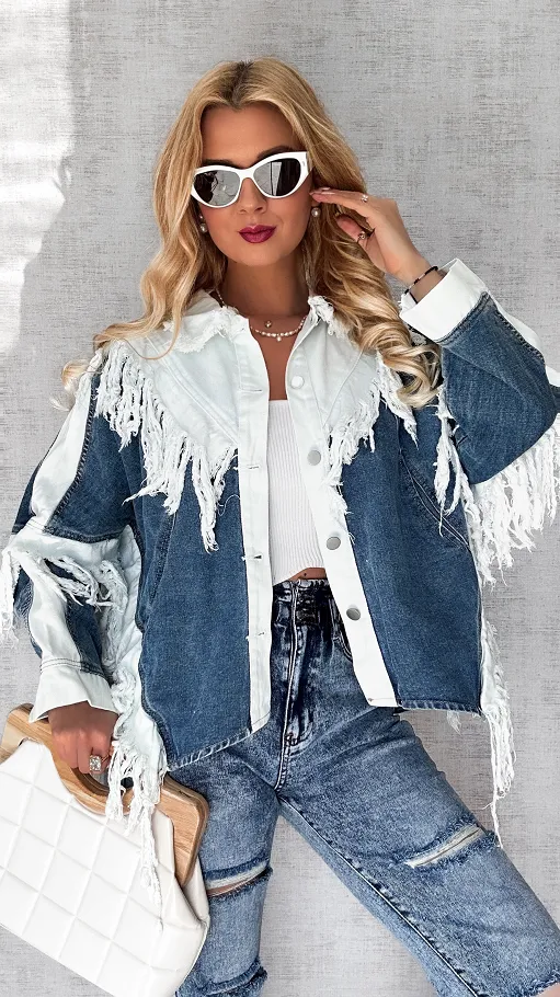 Zjawiskowa katana jeansowa z białymi wstawkami i frędzlami ONE SIZE - P579
