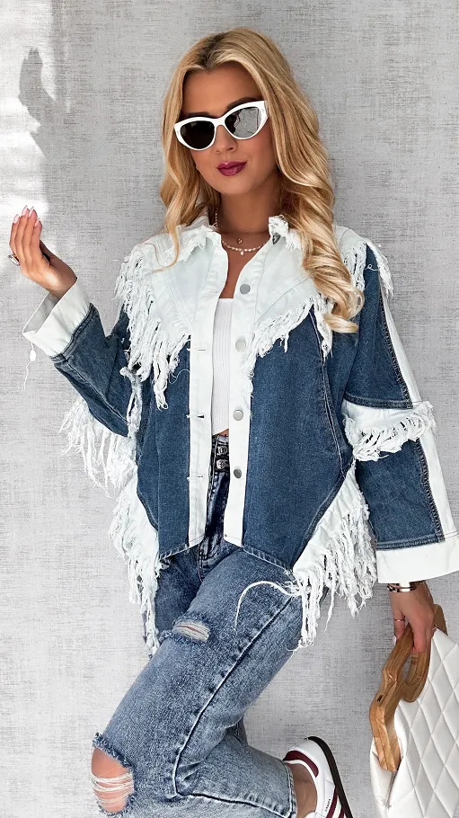 Zjawiskowa katana jeansowa z białymi wstawkami i frędzlami ONE SIZE - P579