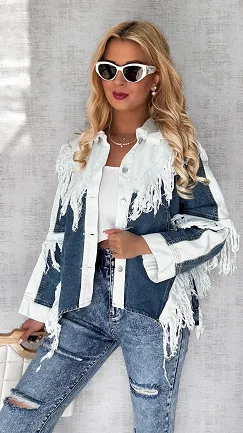 Zjawiskowa katana jeansowa z białymi wstawkami i frędzlami ONE SIZE - P579