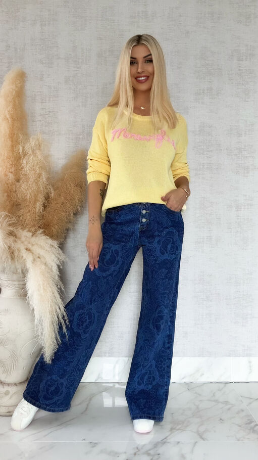 Lekki żółty sweter z kontrastowym napisem ONE SIZE - R846A