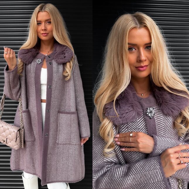 Klasyczny wełniany płaszcz ALPAKA w jodełkę ONE SIZE wrzosowy - S398A