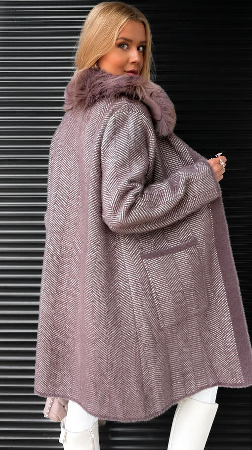Klasyczny wełniany płaszcz ALPAKA w jodełkę ONE SIZE wrzosowy - S398A