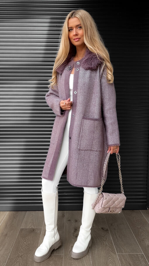Klasyczny wełniany płaszcz ALPAKA w jodełkę ONE SIZE wrzosowy - S398A