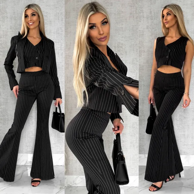 Elegancki czarny komplet w paski 3w1 żakiet + kamizelka + spodnie - R490