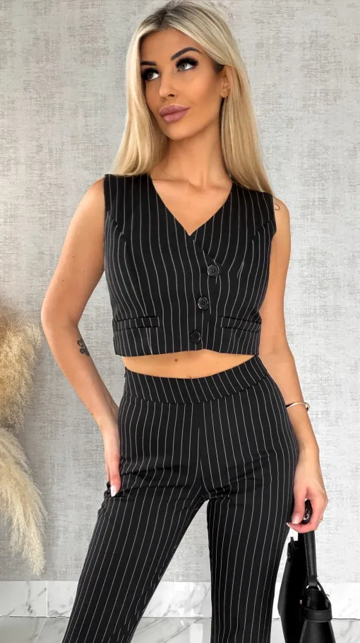 Elegancki czarny komplet w paski 3w1 żakiet + kamizelka + spodnie - R490