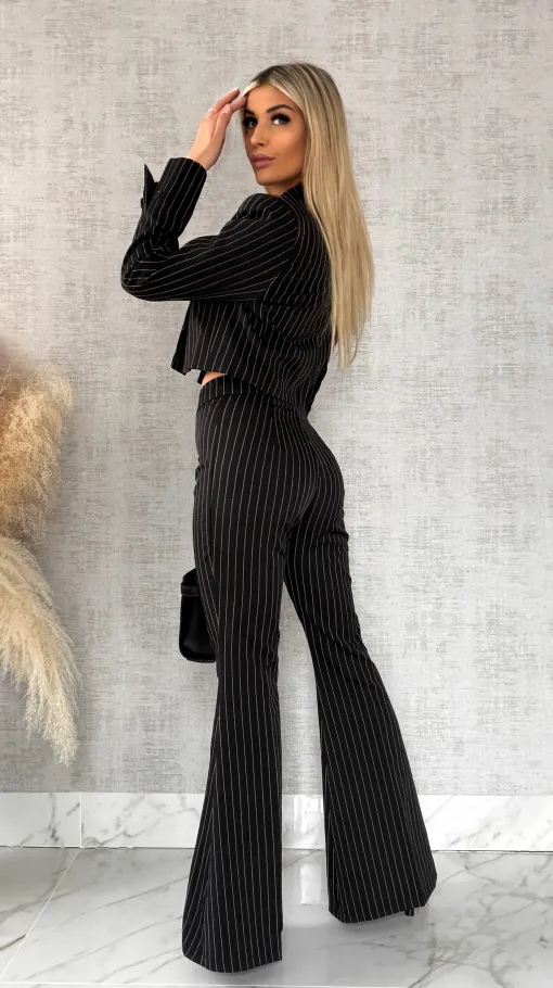 Elegancki czarny komplet w paski 3w1 żakiet + kamizelka + spodnie - R490