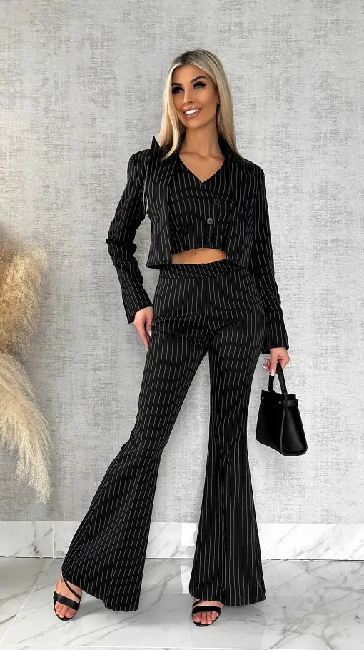 Elegancki czarny komplet w paski 3w1 żakiet + kamizelka + spodnie - R490