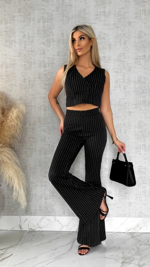 Elegancki czarny komplet w paski 3w1 żakiet + kamizelka + spodnie - R490