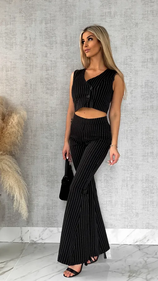 Elegancki czarny komplet w paski 3w1 żakiet + kamizelka + spodnie - R490