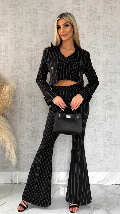 Elegancki czarny komplet w paski 3w1 żakiet + kamizelka + spodnie - R490