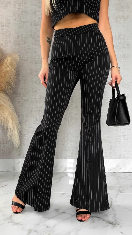 Elegancki czarny komplet w paski 3w1 żakiet + kamizelka + spodnie - R490