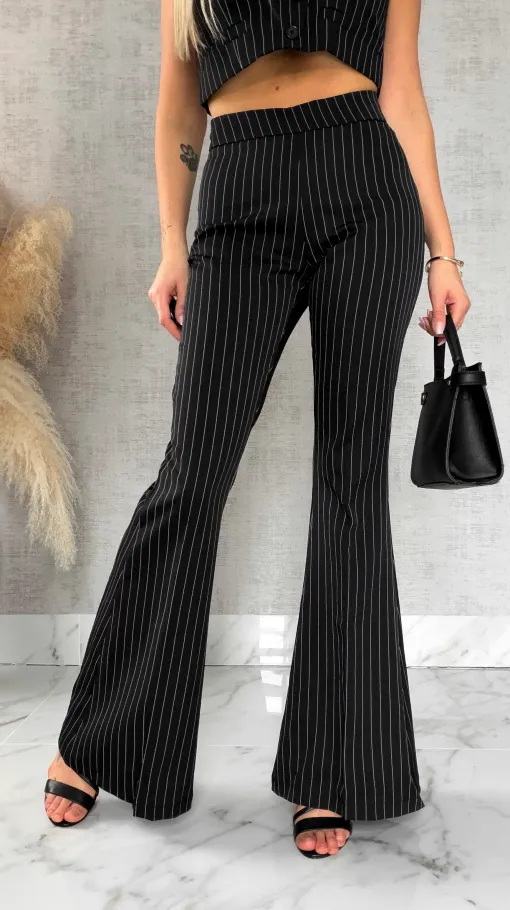 Elegancki czarny komplet w paski 3w1 żakiet + kamizelka + spodnie - R490