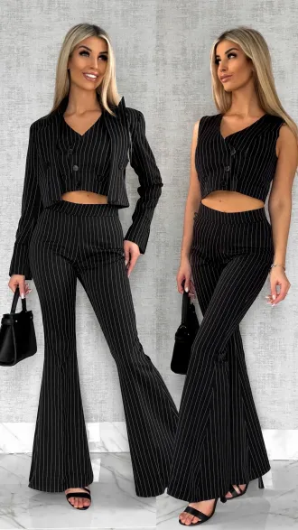 Elegancki czarny komplet w paski 3w1 żakiet + kamizelka + spodnie - R490