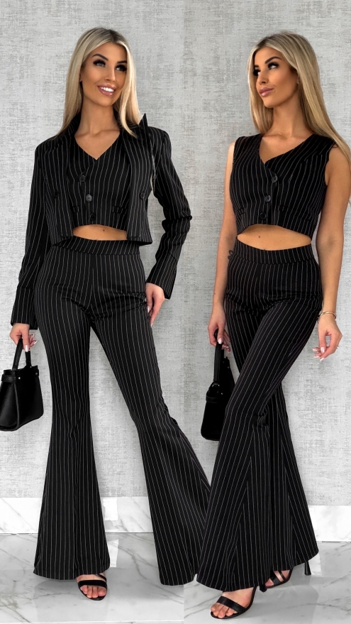 Elegancki czarny komplet w paski 3w1 żakiet + kamizelka + spodnie - R490