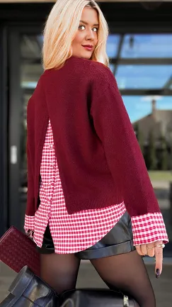 Bordowy sweter z modną wstawką z koszuli ONE SIZE - R089