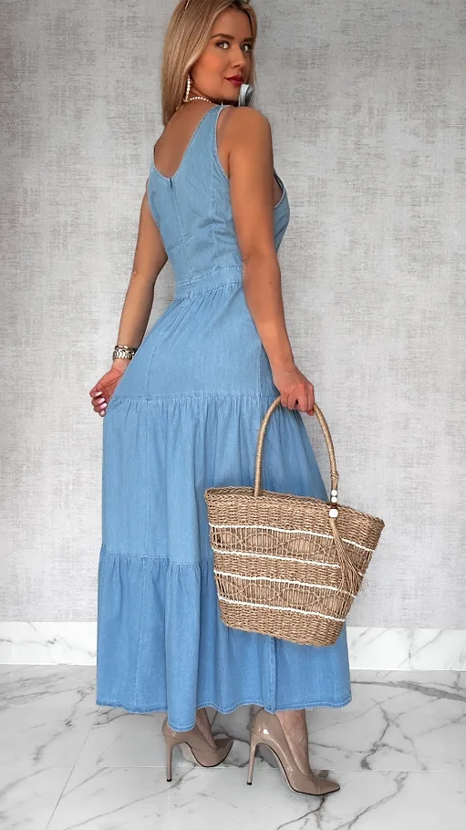 MAXI długa sukienka z miękkiego jeansu z wiązanymi ramiączkami - P712