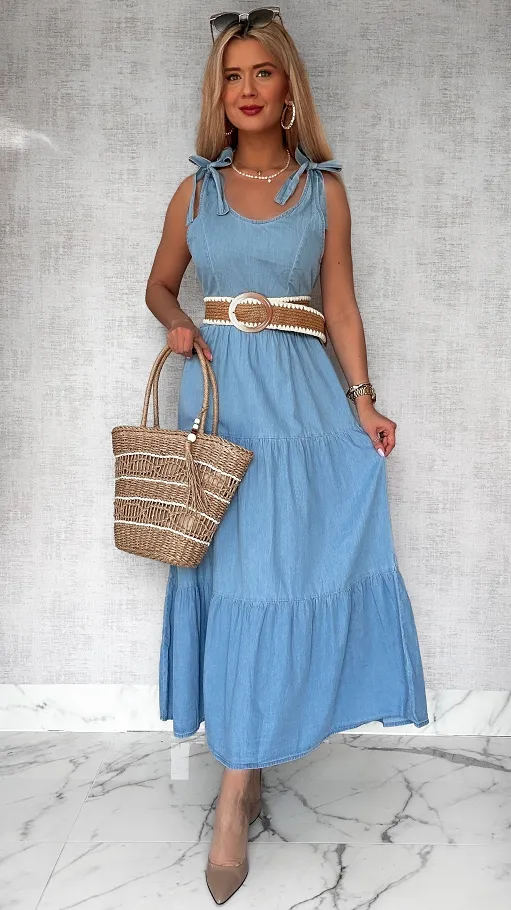 MAXI długa sukienka z miękkiego jeansu z wiązanymi ramiączkami - P712