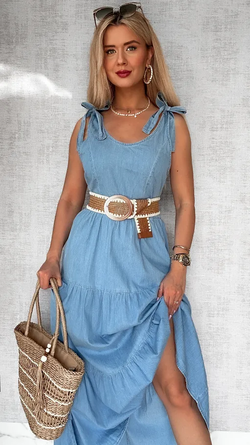 MAXI długa sukienka z miękkiego jeansu z wiązanymi ramiączkami - P712
