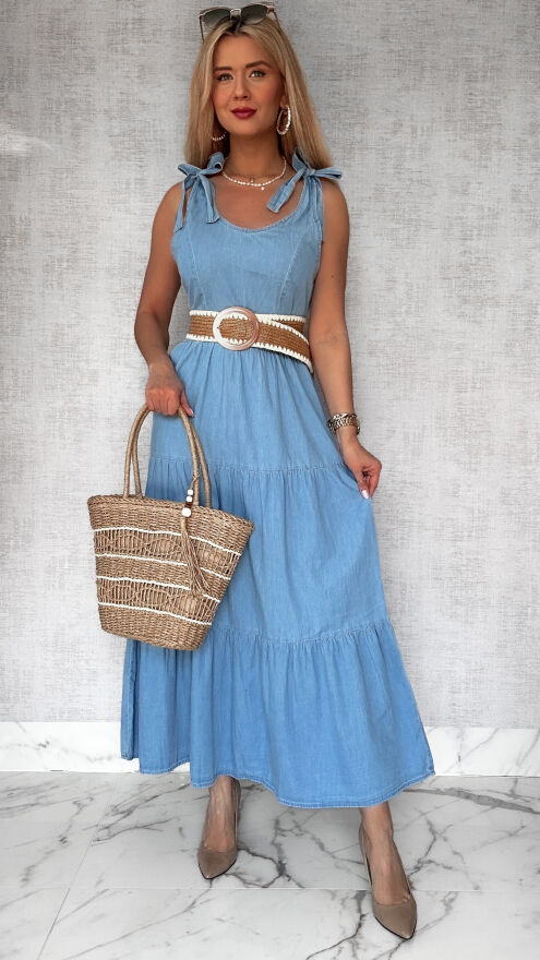 MAXI długa sukienka z miękkiego jeansu z wiązanymi ramiączkami - P712