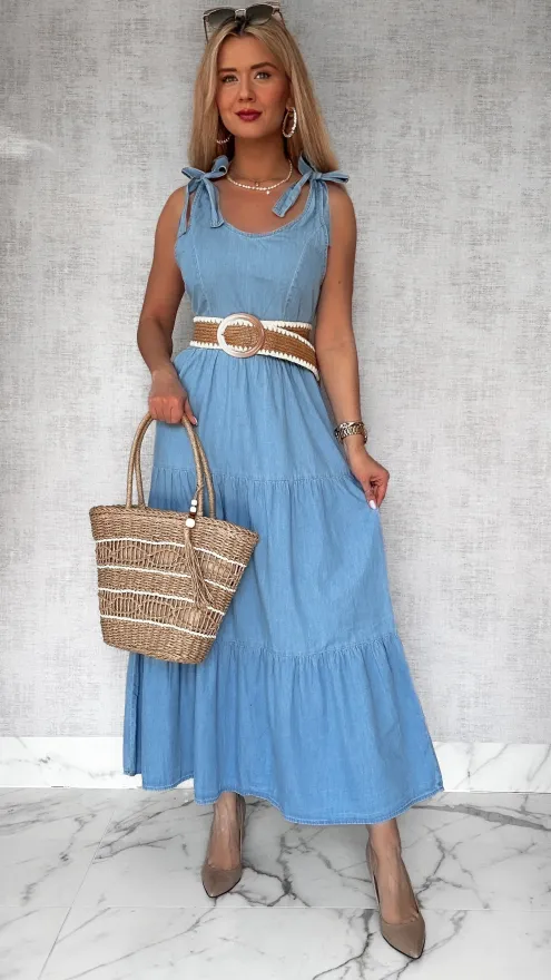 MAXI długa sukienka z miękkiego jeansu z wiązanymi ramiączkami - P712