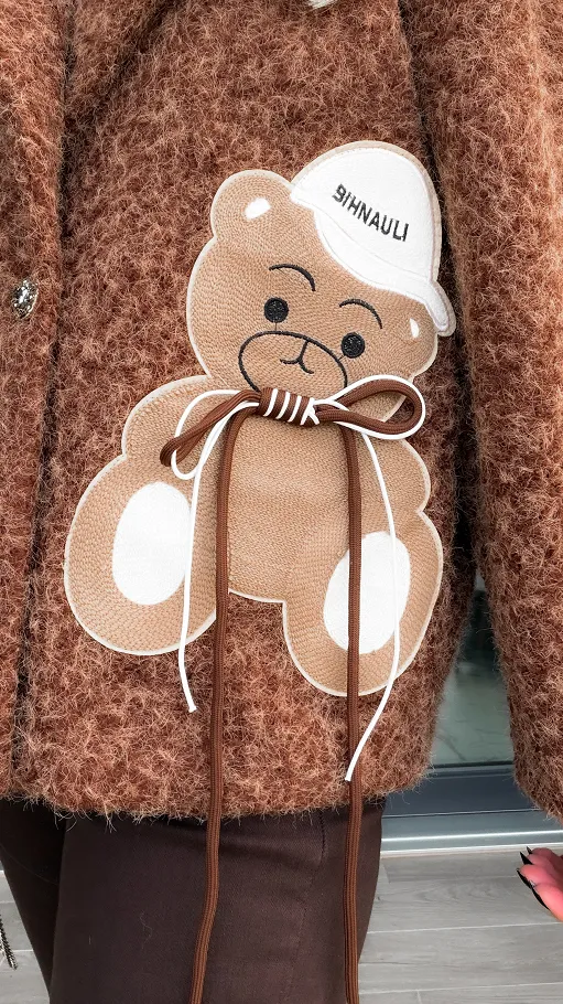 Jesienny płaszcz z misiem BRĄZOWY melanż one size - R288