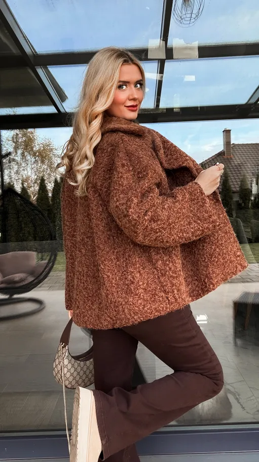 Jesienny płaszcz z misiem BRĄZOWY melanż one size - R288