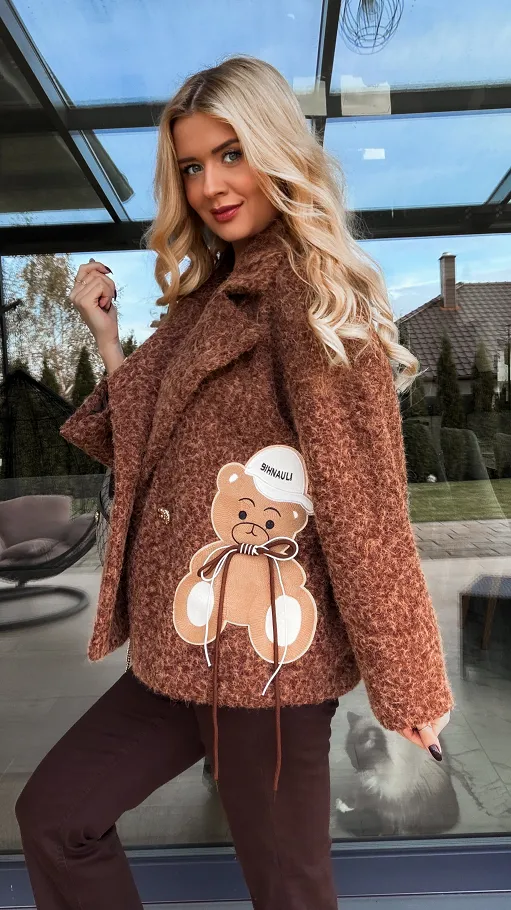 Jesienny płaszcz z misiem BRĄZOWY melanż one size - R288