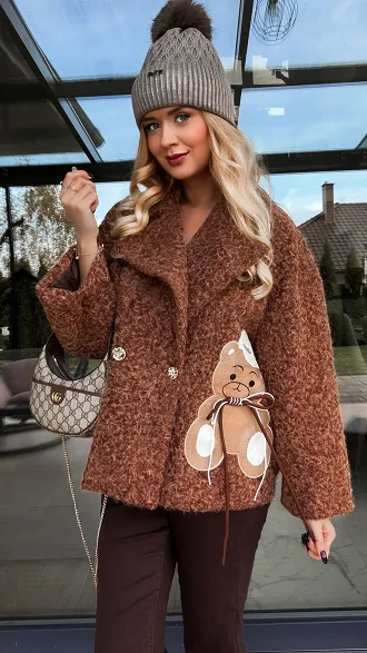 Jesienny płaszcz z misiem BRĄZOWY melanż one size - R288