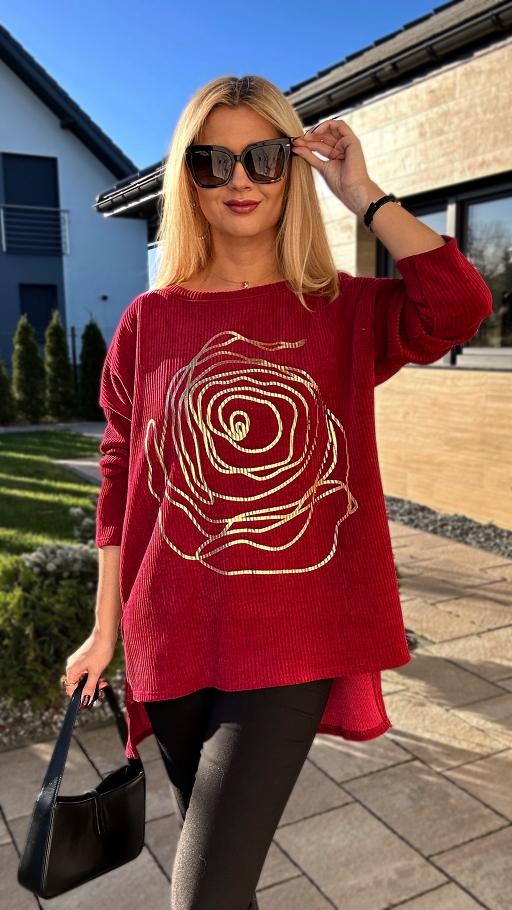 Asymetryczna luźna bordowa bluza OVERSIZE złoty kwiat - N896A