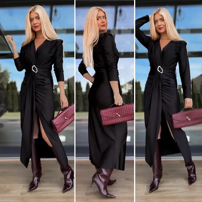 Elegancka długa sukienka z modnym rozcięciem w kolorze CZARNYM - R128