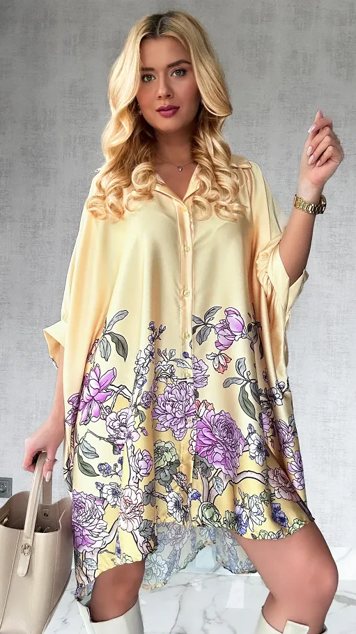Asymetryczna luźna koszula w kwiaty OVERSIZE - P285
