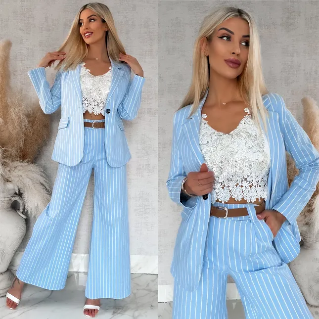 Niebieski elastyczny komplet w paski marynarka + spodnie ONE SIZE - R861