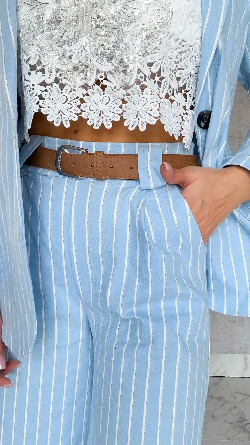 Niebieski elastyczny komplet w paski marynarka + spodnie ONE SIZE - R861