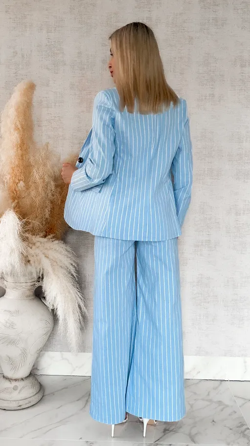 Niebieski elastyczny komplet w paski marynarka + spodnie ONE SIZE - R861