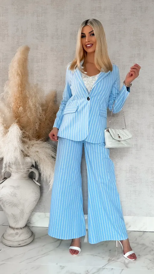Niebieski elastyczny komplet w paski marynarka + spodnie ONE SIZE - R861