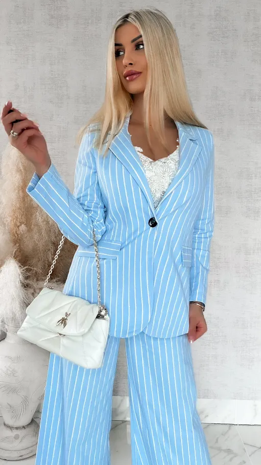 Niebieski elastyczny komplet w paski marynarka + spodnie ONE SIZE - R861