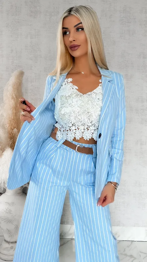 Niebieski elastyczny komplet w paski marynarka + spodnie ONE SIZE - R861