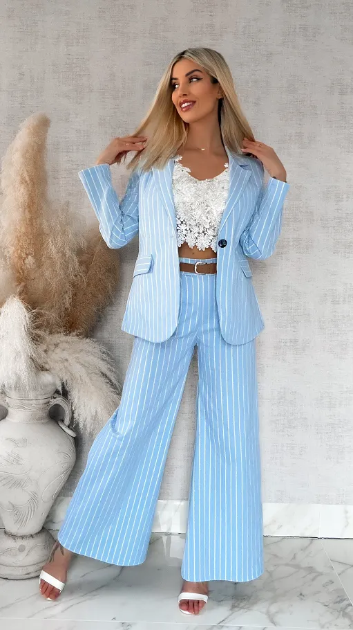 Niebieski elastyczny komplet w paski marynarka + spodnie ONE SIZE - R861